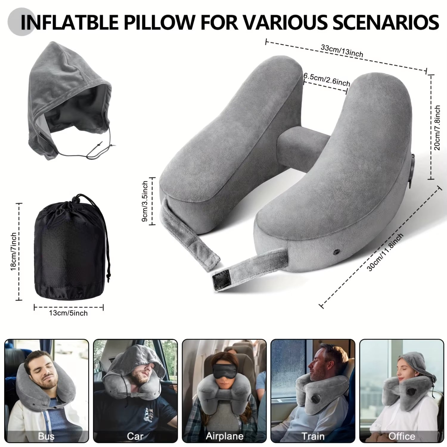 Inflatable Travel Neck Pillow - Ultimate Comfort & Support for Head, Neck, Chin - Soft Velour Cover, Easy Inflate, Portable - Id