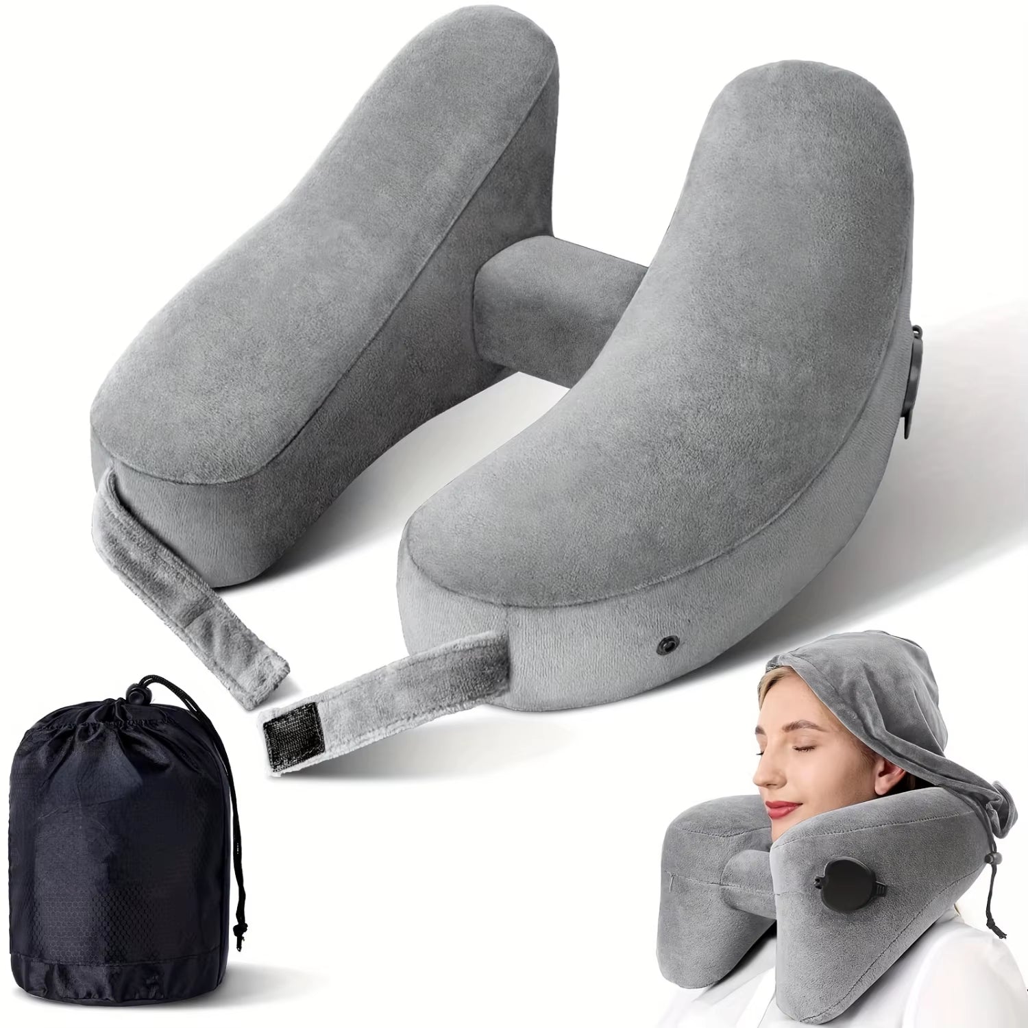 Inflatable Travel Neck Pillow - Ultimate Comfort & Support for Head, Neck, Chin - Soft Velour Cover, Easy Inflate, Portable - Id