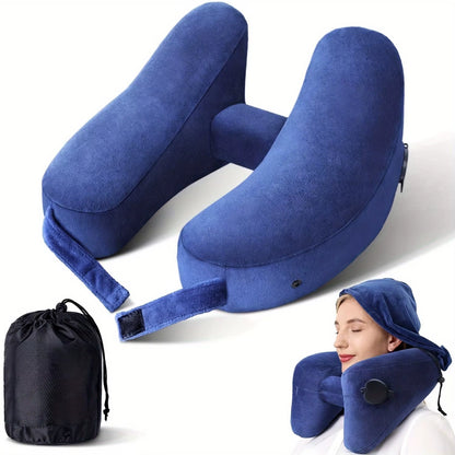 Inflatable Travel Neck Pillow - Ultimate Comfort & Support for Head, Neck, Chin - Soft Velour Cover, Easy Inflate, Portable - Id