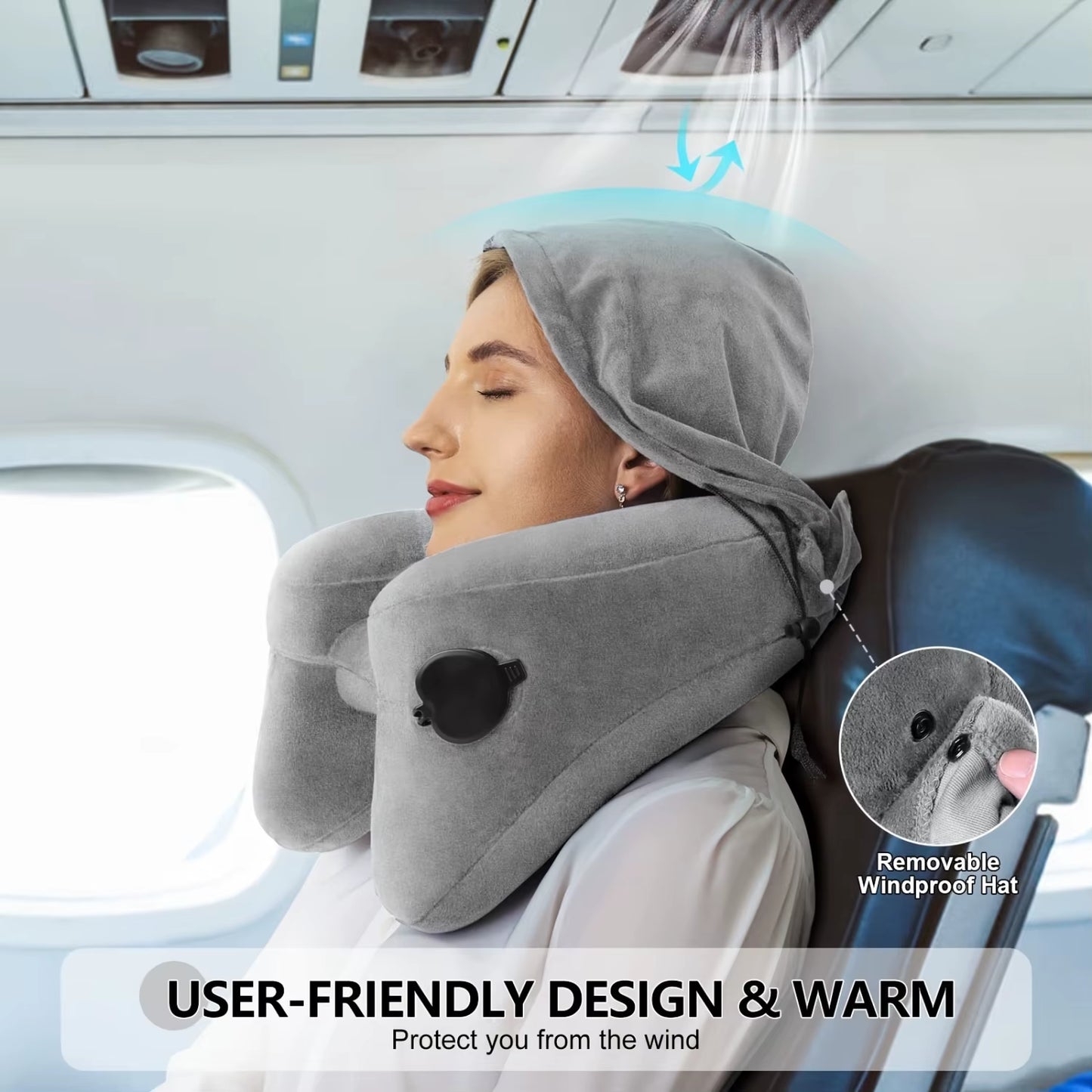 Inflatable Travel Neck Pillow - Ultimate Comfort & Support for Head, Neck, Chin - Soft Velour Cover, Easy Inflate, Portable - Id